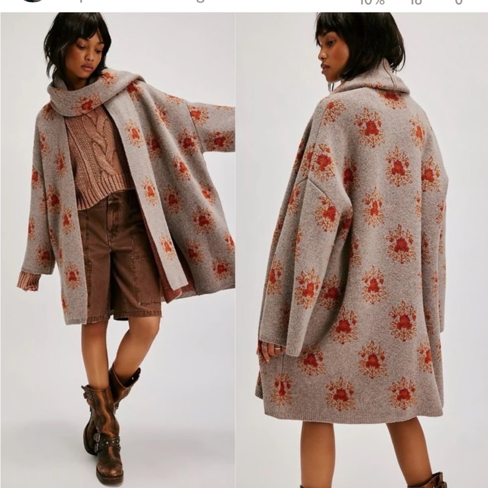 Free People Taupe Knit Floral-Print Coat with Rust Accents